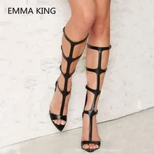 Новые модные черные кожаные женские сандалии до колена пикантная женская обувь на высоком каблуке с открытым носком и вырезами Женские летние римские сандалии