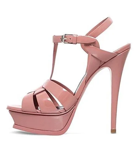 

Candy Color Patent Leather Platform Sandals T-bar Ankle Buckle Strap Thin High Heels Women Sandals Plus Size Banquet Dress Shoes