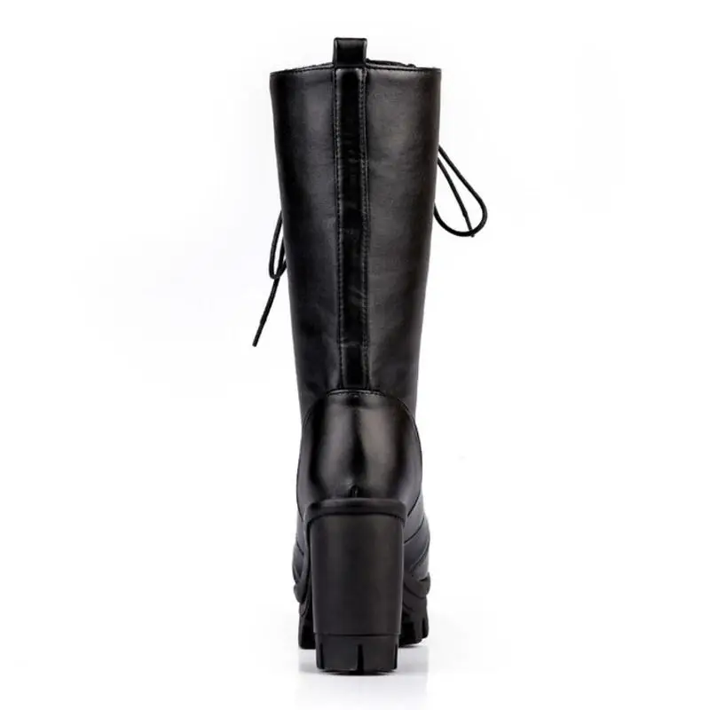 Najtaniej KemeKiss damskie buty na wysokim obcasie zimowe futro ciepłe buty damskie sexy zasznurować buty motocyklowe platformy z okrągłym czubkiem buty rozmiar 34 43