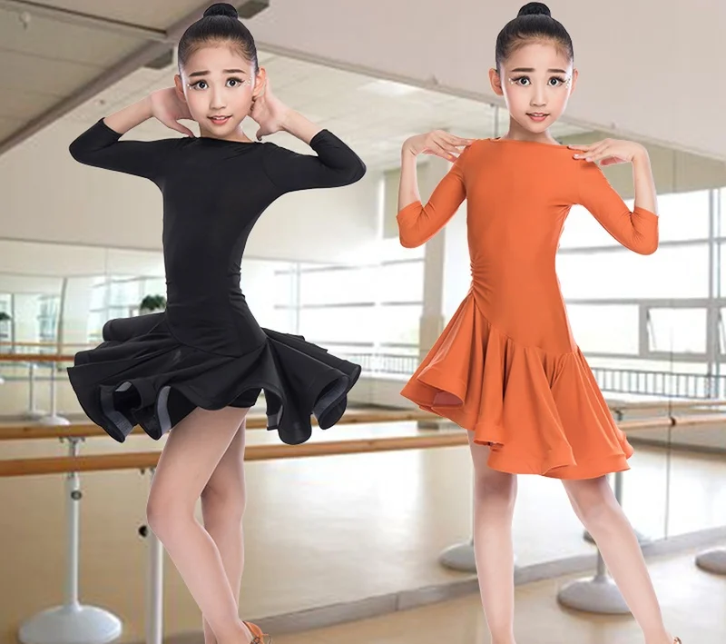 

New Kids Latin Dress Costume children competition Ballroom Dance Lycra for Girls Salsa Rumba Cha Cha Samba Tango ruffle skirts