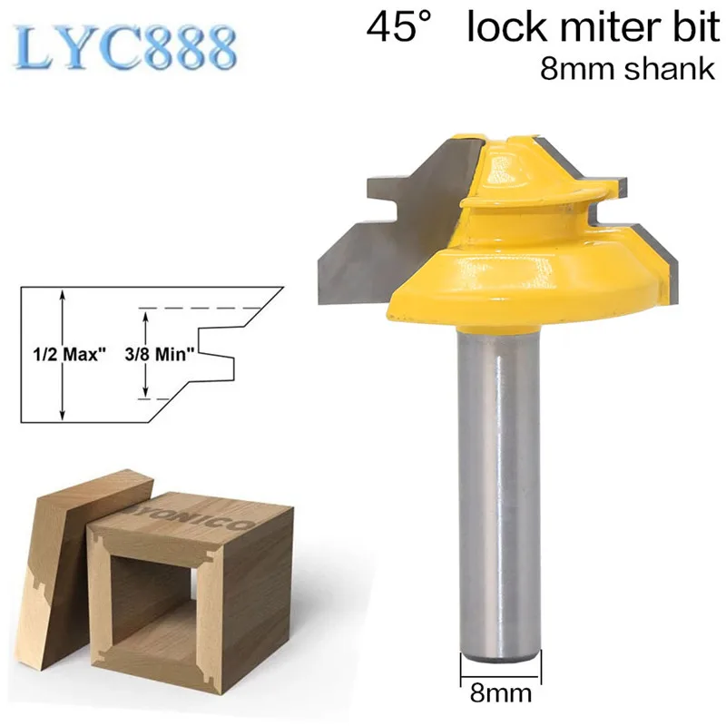 

1Pc 8mm Shank 45 Degree Carbide Lock Miter Router Bit 8*1-1/2 Inch Shank Woodworking Tenon Milling Cutter Tools Drilling Milling