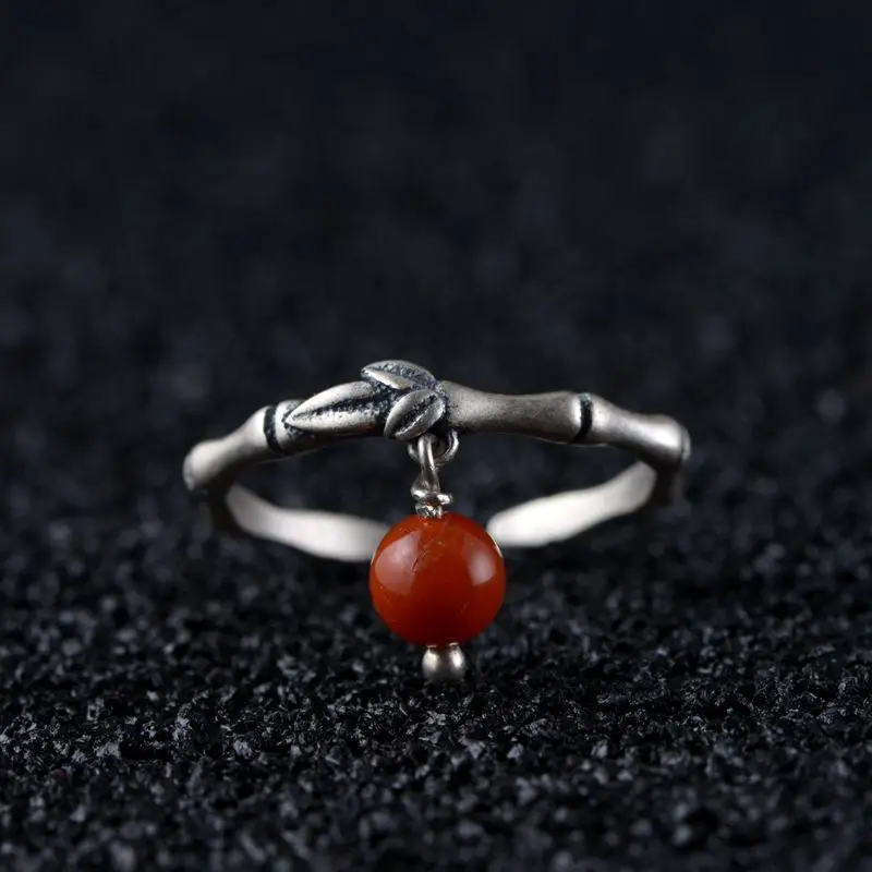 

FNJ Bamboo Ring 925 Silver Anillos New Fashion Red Stone S925 Sterling Silver Rings for Women Jewelry Adjustable Size bague
