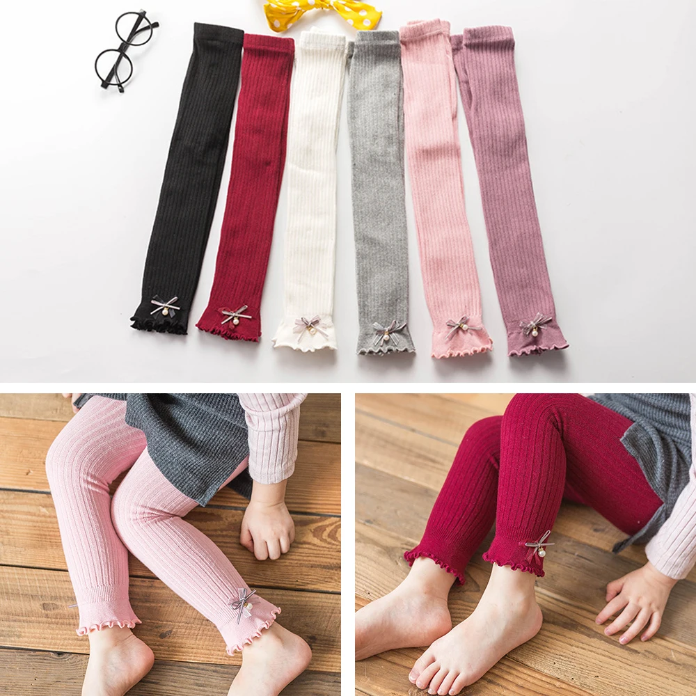

Girls Leggings New Arrival Baby Girls pearl bow Rib Leggings Striped Skinny Baby Leggings High Waist Children Clothes Girl pants