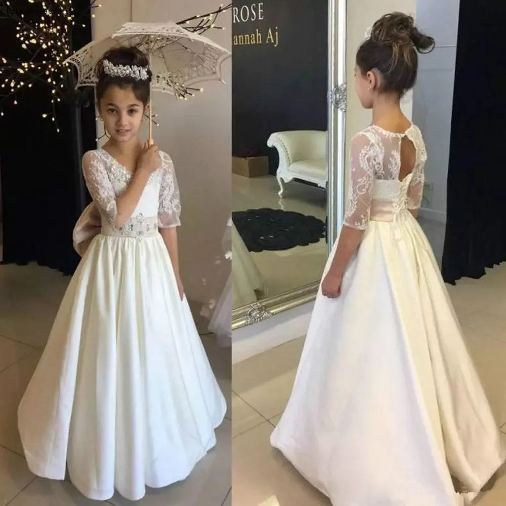 2019 New Flower Girl Dresses For Weddings A Line Sheer Crew Neck Appliques Girls Pageant Gowns Half Sleeves Formal Wear For Teens  89