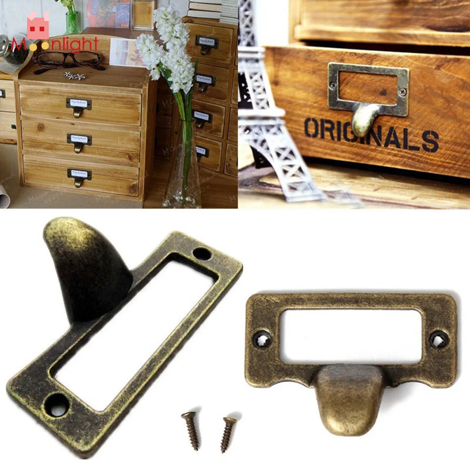 6pcs Handle File Name Card File Cabinet Handles Label Hold Antique Brass Drawer Label Pull Cabinet
