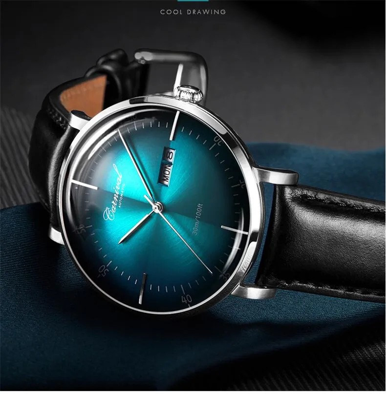 Швейцария Carnival часы Мужские автоматические механические кожаный ремешок 30 м водонепроницаемые спортивные часы модные дизайнерские мужские наручные часы