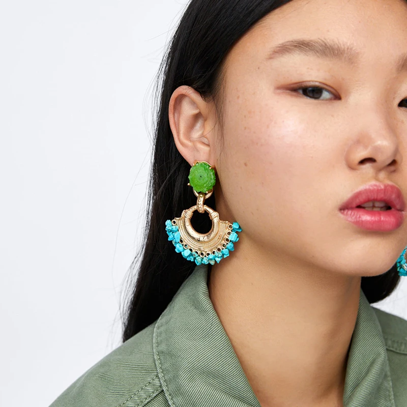

Yhpup Trendy Za Design Colorful Natural Stone Handmade Dangle Drop Earrings Ethnic Bohemia Statement for Women Summer Jewelry
