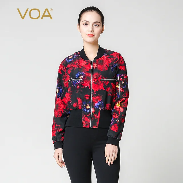 Cheap Winter jacket for women VOA red floral spandex silk satin short model jacket ladies zippers thin outerweat M5137