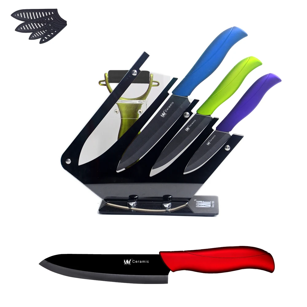 

XYJ Brand Acrylic Kitchen Knife Blcok + Green Handle Black Blade Peeler + New Arrival Chef Slicing Utility Paring Ceramic Knife