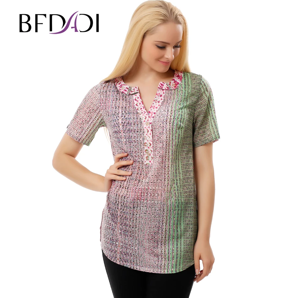 

BFDADI Summer Blouse Short Sleeve Plus Size Casual Loose Gradient color Women Tops And Blosues 2017 New Fashion Shirt HOT 2806-0