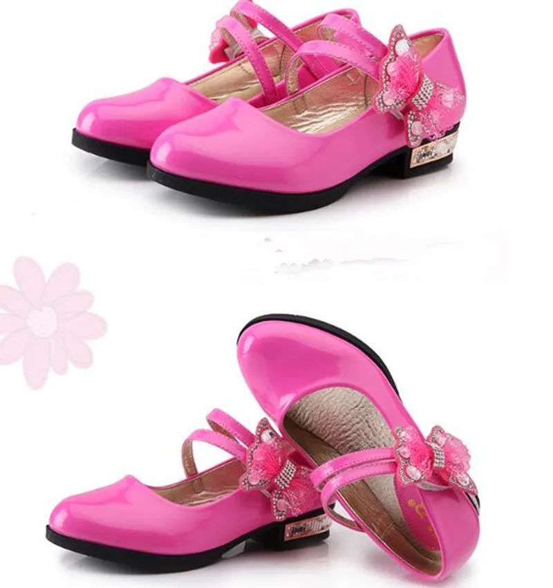 Red black pink Childrens leather shoes Girl Low heeled bows Rhinestone Princess dancing shoes Spring Autumn Wedding Party Shoes