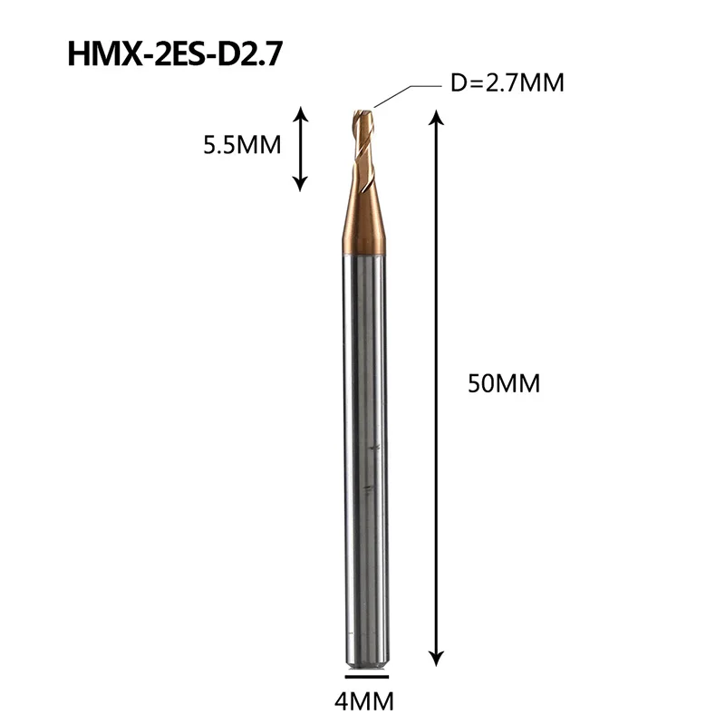 HMX-2ES твердосплавная 2 Флейта с нано покрытием крошечная Квадратная Головка Концевая фреза Фрезерный резак режущие инструменты для закаленной стали HRC68 - Длина режущей кромки: HMX-2ES-D2.7