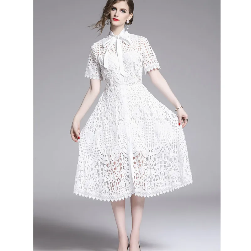 Hollow Out Lace Dress Summer New Slim Small Fragrance Single-Breasted Round Neck Short-Sleeved High Waist Vintage Dress