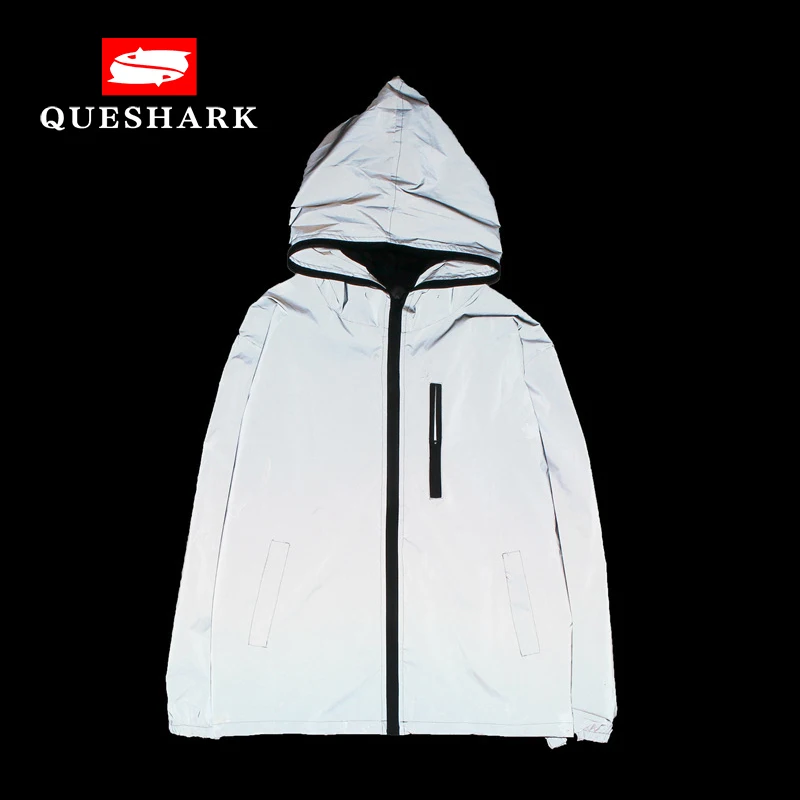 

Women Men's Reflective Running Jacket Hoodies Sport Jackets Hip Hop Windproof Windbreaker Hooded Fluorescent Skateboard Coat
