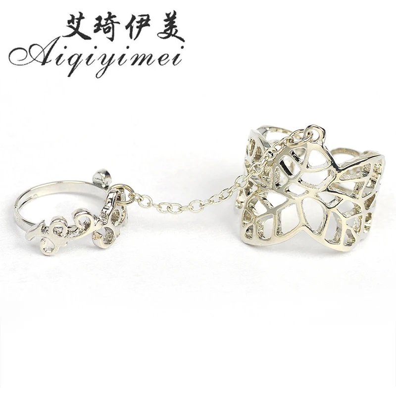 

New Arrival Adjustable Turkish Two Finger Chain Rings For Party Women Hollow Out Flower Design Vintage Ring Brand Anel