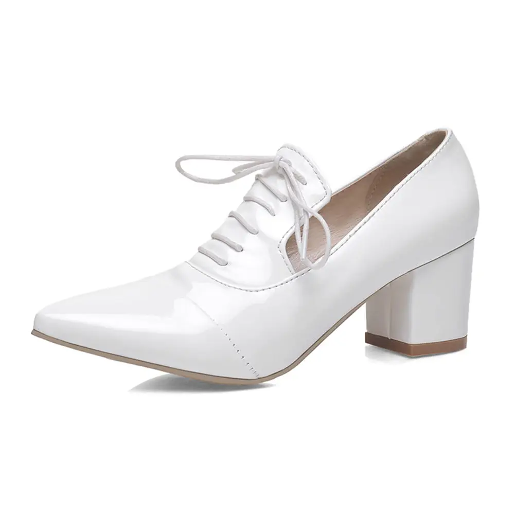 

RIBETRINI Plus Size 31-45 Woman Shoelaces Pumps Spring Chunky Heels Female Fashion Pointed Toe Elegant Women Shoes Footwear 2019