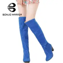 BONJOMARISA Large size 34-43 2016 Women Knee High Boots Sexy Chunky High Heels Fall Winter Shoes Add Fur Platform Knight Boots