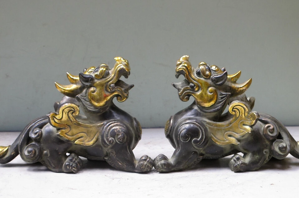 

004792 10"Chinese Folk Bronze gilt fengshui Dragon Unicorn pi xiu pair statue