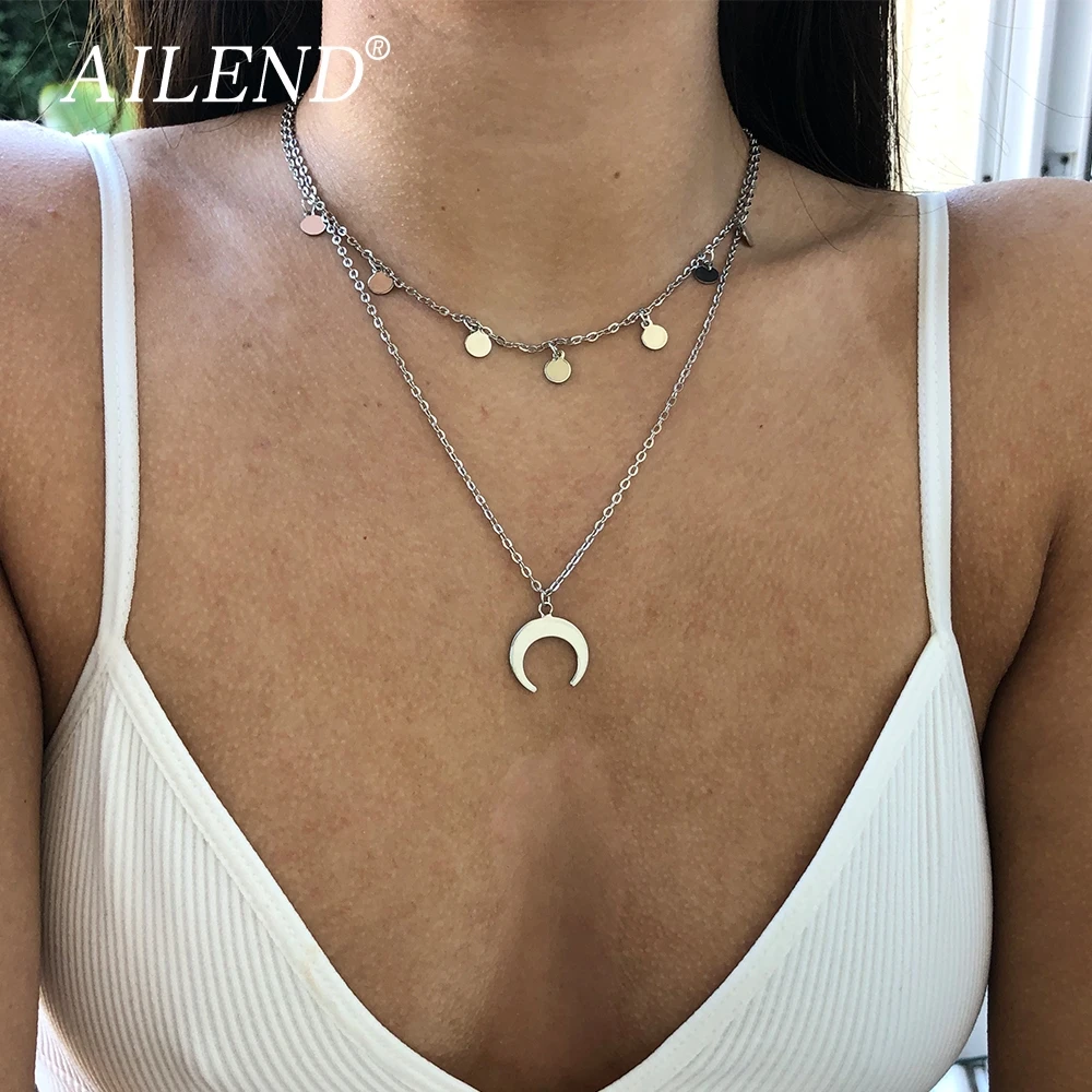 

AILEND new jewelry ladies jewelry 2 layer necklace moon pendant necklace (Buy 5pcs to send 1pcs)