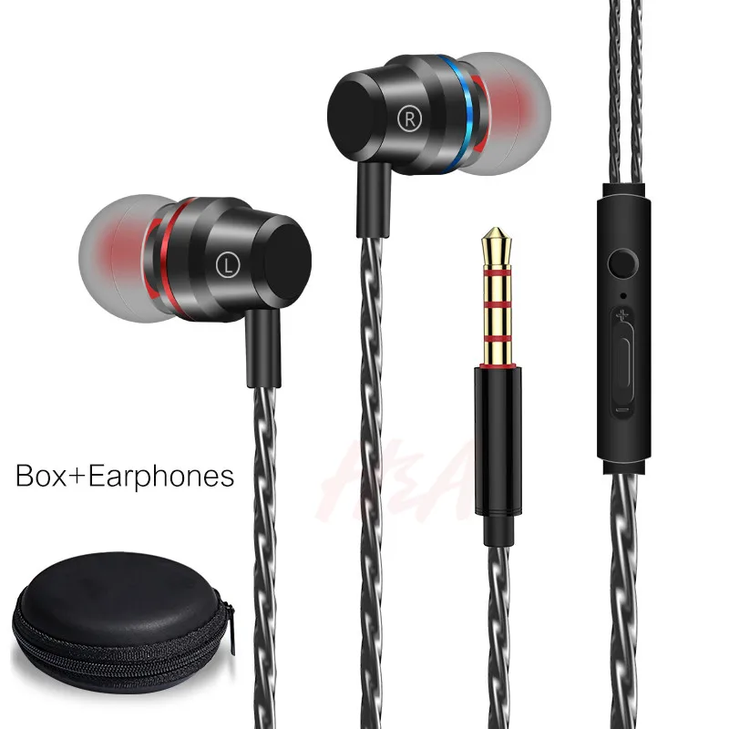 H& A 3,5 мм проводные наушники-вкладыши, бас-звук, наушники с микрофоном, стереогарнитура для телефона samsung Xiaomi, компьютера - Цвет: Black and Box
