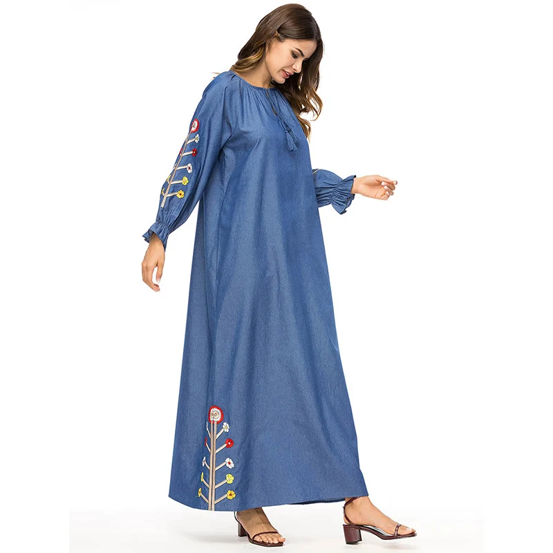 Европейское и американское простое модное женское джинсовое вышитое платье с длинными рукавами мусульманское синее свободное