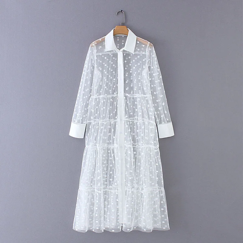 

Shuyanly Dot Stitching Transparent Mid-length Dress Long-sleeved Women's Fashion Sexy Dress