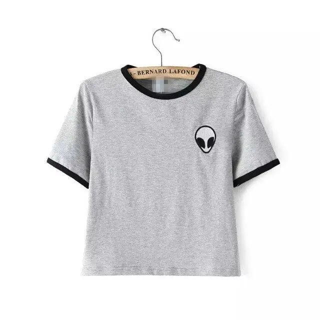 

2016 New Arrvial Gray striped shirt Crewneck T-shirt female alien pattern Tops tee for women Slim O-neck short length Kopo
