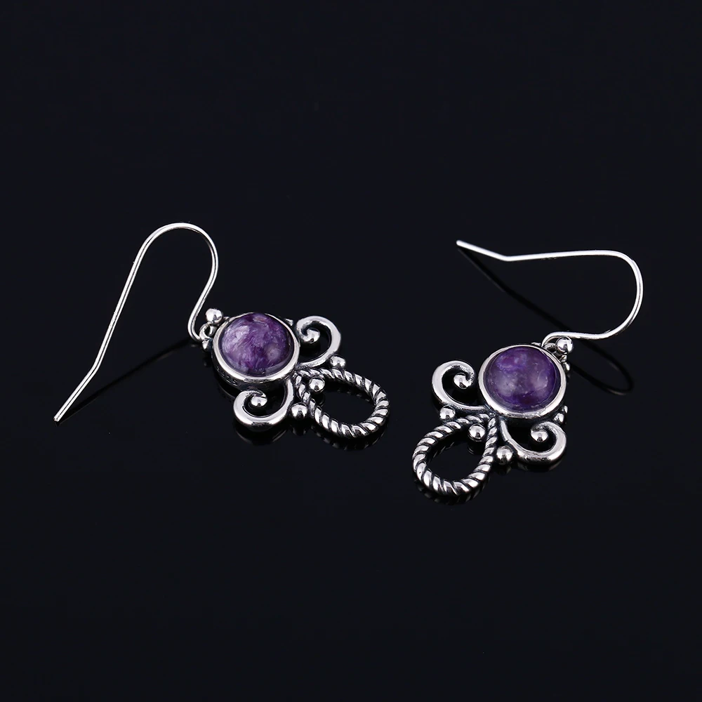 Натуральный фиолетовый чароитовый Бисер для женщин, висячие серьги, серебряные Изящные серьги, ювелирные изделия, серьги, свадебные женские ювелирные изделия