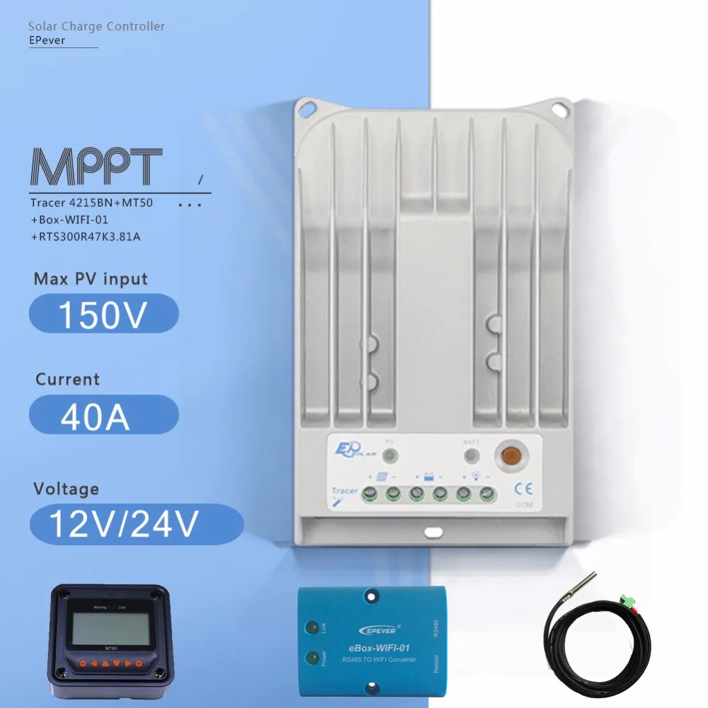 Tracer 4215BN MPPT 12V/24V Auto Solar Charge Controller 40A PV Regulator with MT50 Meter Ebox WIFI Module and Temperature Sensor Tracer 4215BN MPPT 12V/24V Auto Solar Charge Controller 40A PV Regulator with MT50 Meter Ebox WIFI Module and Temperature Sensor