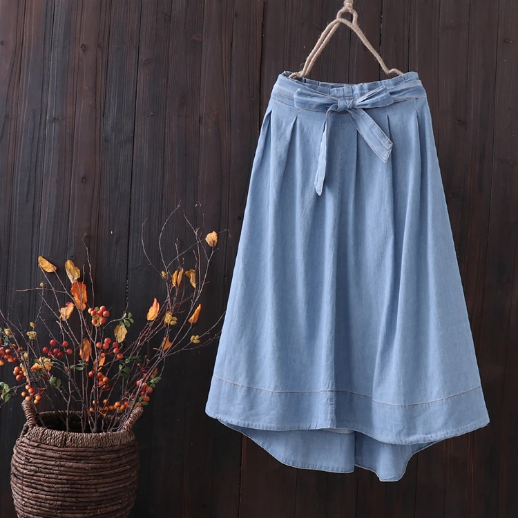 KYQIAO faldas mujer moda jupe femme mori/Осенняя длинная Асимметричная синяя джинсовая юбка с эластичной талией в японском стиле