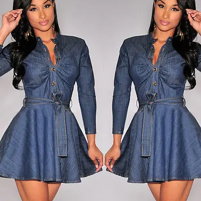 

Bowknot Belt Long Sleeve Dresses Fashion Women Slim Fit Blue Denim Jean Dress Plus Size
