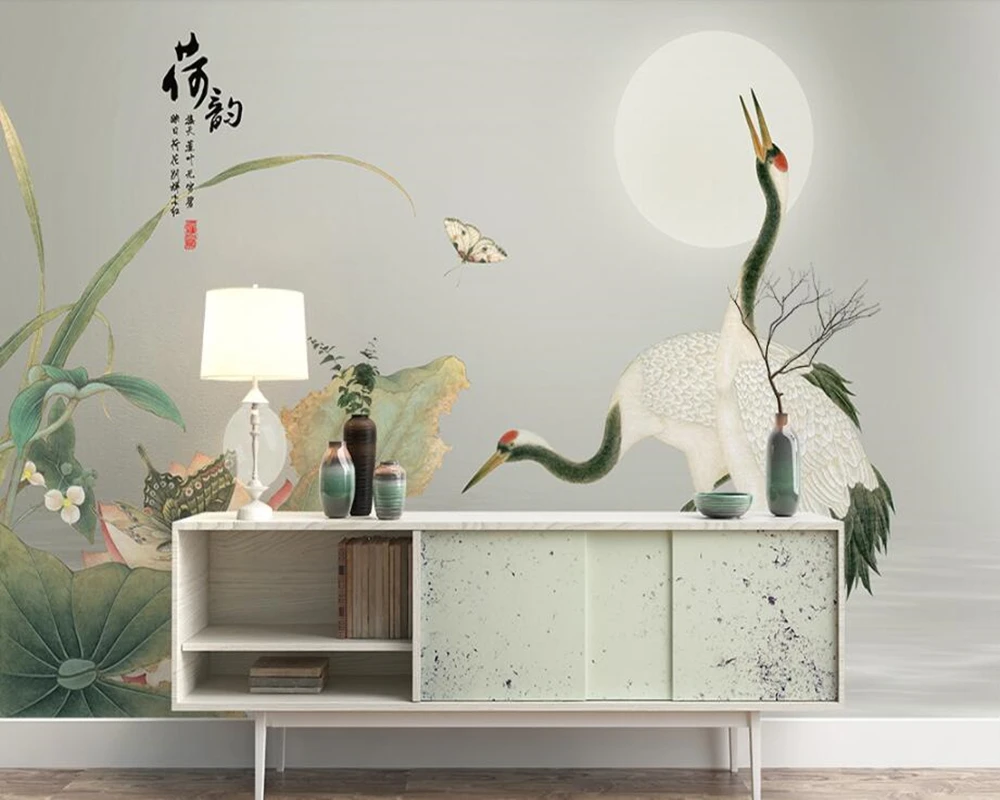 

Papel de parede Chinese classical lotus crane 3d wallpaper murals for living room tv sofa wall bedroom kitchen restaurant cafe