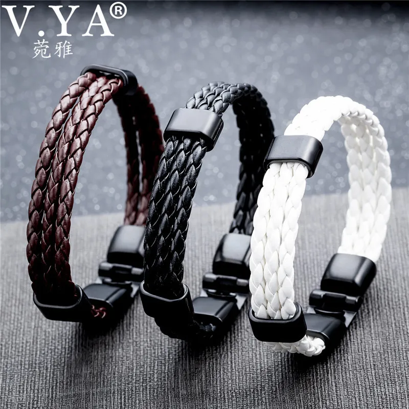 

V.YA 20cm White/Brown/Black Braided Leather Bracelet Bangle for Men Male Fashion Men's Jewelry Wholesale Drop Shipping