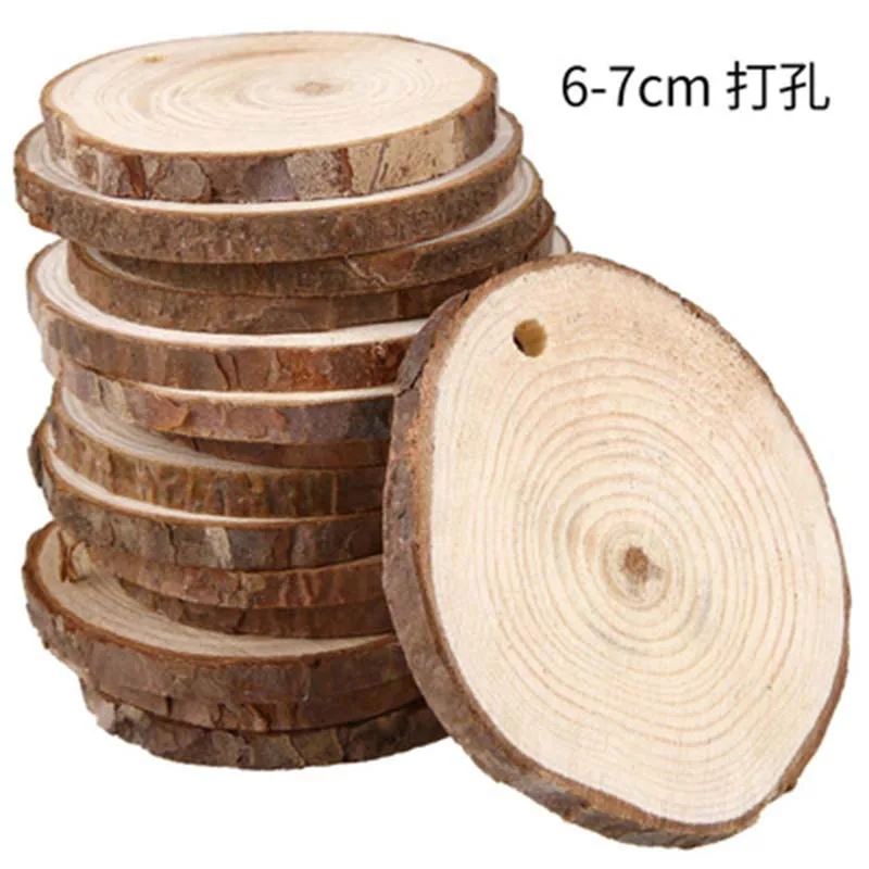

10pcs/set 6CM Unfinished Predrilled Wood Slices DIY Craft Party Decor Pendant Round Log Discs with Jute Rope Decoration Hanging