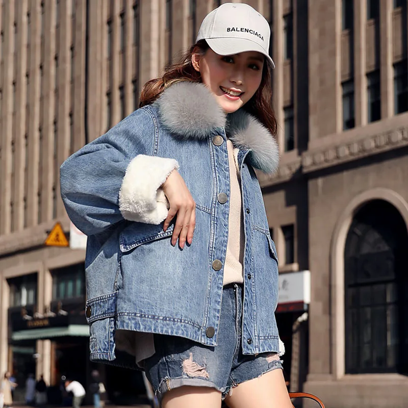 Зимнее повседневное свободное плотное джинсовое хлопковое пальто с воротником из лисьего меха, женская уличная одежда, розовая теплая однобортная джинсовая куртка, верхняя одежда, S-XL