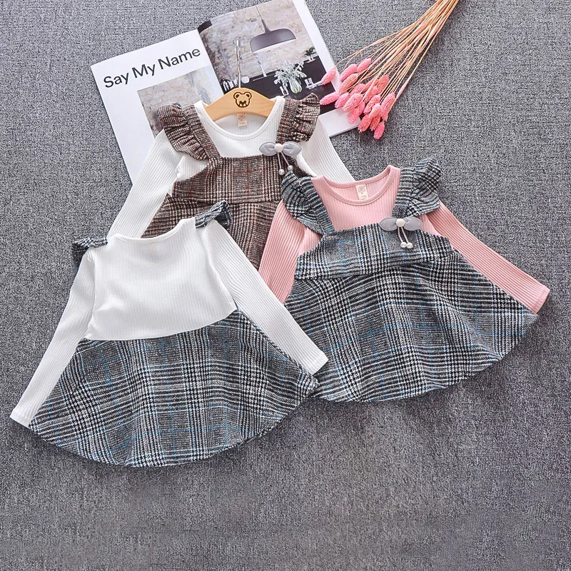 

2019 spring and autumn newborn baby girl sleeve dress color matching plaid dress 2019 spring new cute children's dress