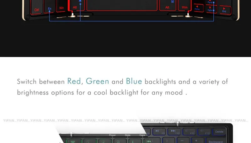 B.o.w Беспроводной складная клавиатура с 3-Цвет Подсветка, полный размер Tri-Складная bluetooth-клавиатура для Планшеты, смартфонов, ПК