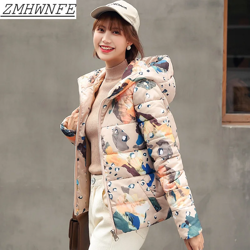2019 Winter Short Parkas Coat Casual Thick Warm Hooded Printed Short Jacket Coat Sintepon Winter Jacket Coat