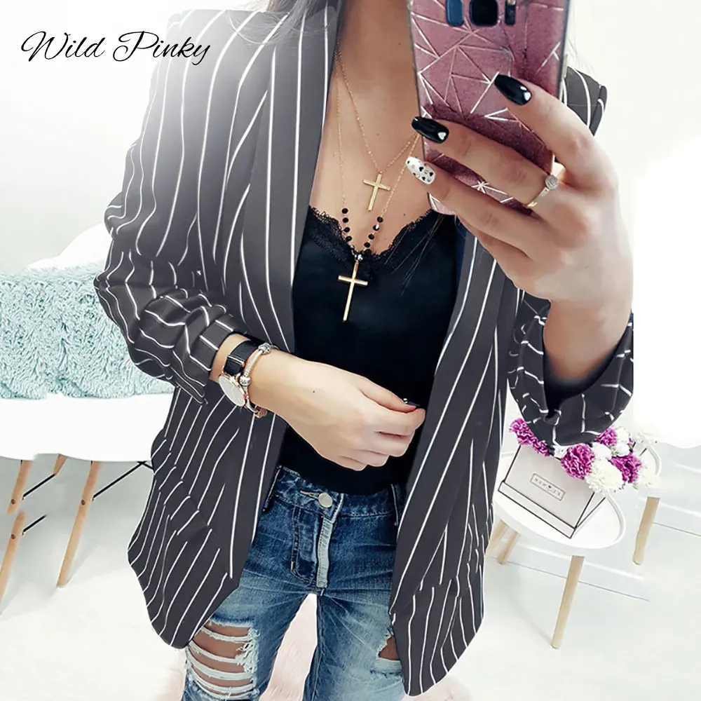 WildPinky Spring Female Blazer Jacket Black White Striped Casual Suit Long Sleeve Women Jacket Blazer Autumn Cardigan Femme WildPinky Spring Female Blazer Jacket Black White Striped Casual Suit Long Sleeve Women Jacket Blazer Autumn Cardigan Femme