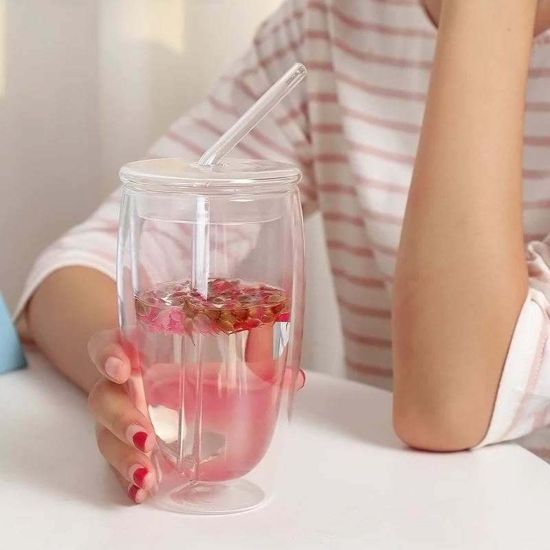 

Free Shipping Double Wall Layer Clear Glass Cup Heat Resistant Tea Milk Coffee Mugs with Tube Straw Home Office Large Cups