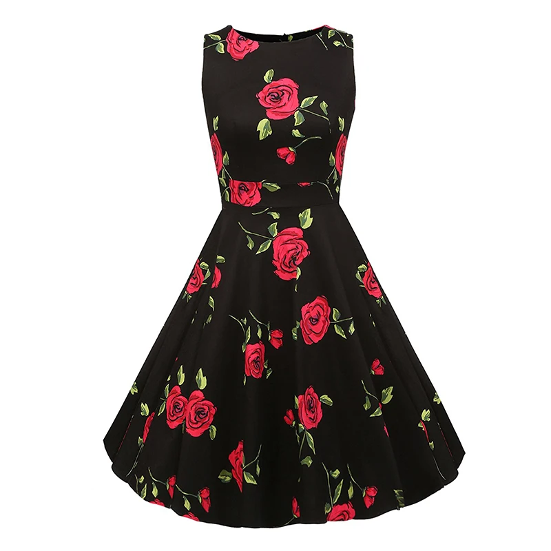 Kostlish Cotton Summer Dress Women 2017 Sleeveless Tunic 50s Vintage Dress Belt Elegant Print Rockabilly Party Dresses Sundress (49)