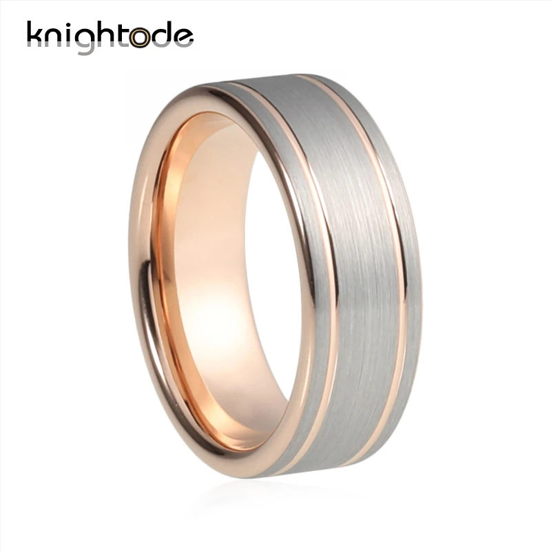 

Knightode Rose Gold Tungsten Wedding Rings Brushed Matte Finish Pip Cut Style With Double Lines Men Women Tungsten Carbide Rings
