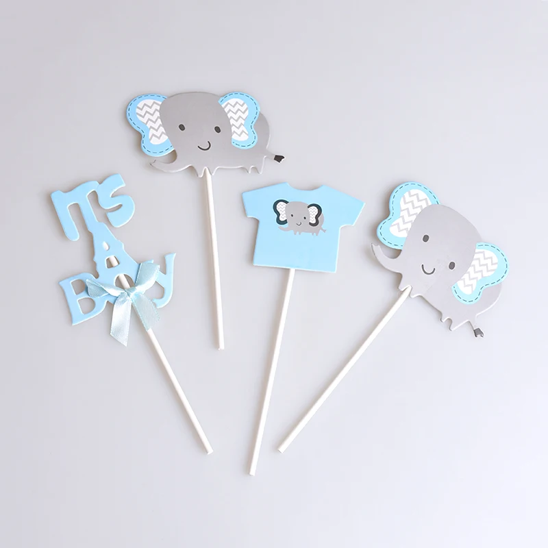 

4pcs/set It's A Boy Cupcake Cake Topper Elephant Cake Flags Boy Kids Happy Birthday Baby Shower Party Baking Decorating Supplies