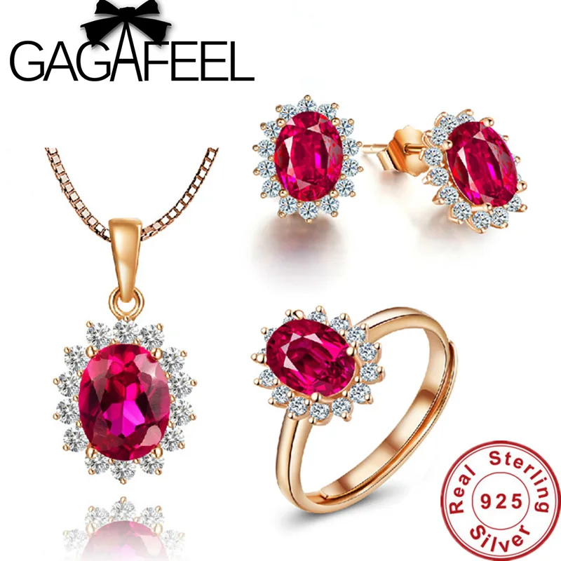 

100% 925 Sterling Silver Jewelry Set for Bride Rose Gold Color with Red Corundum Earrings+Rings+Pendant Luxury Wedding Jewelry