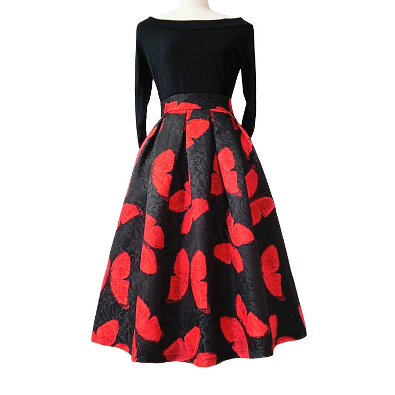 

Spring Fall Winter High Wasit Jacquard Butterfly Floral Printing A Line Knee Length Skirt XHSD-3137
