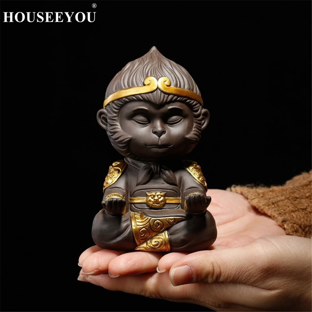 Chinese Purple Clay Kung Fu Tea Pets Monkey King Tea Tray Sun Wukong Statues Sculptures for Home Office Decoration Crafts