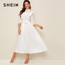 SHEIN Mock neck Ruffle Trim Self Belted Dress Women Spring Autumn Long Dress Fit and Flare A Line Elegant Empire Dresses