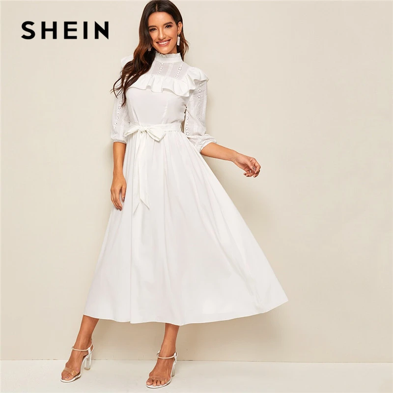 Download SHEIN Mock neck Ruffle Trim Self Belted Dress Women Spring ...