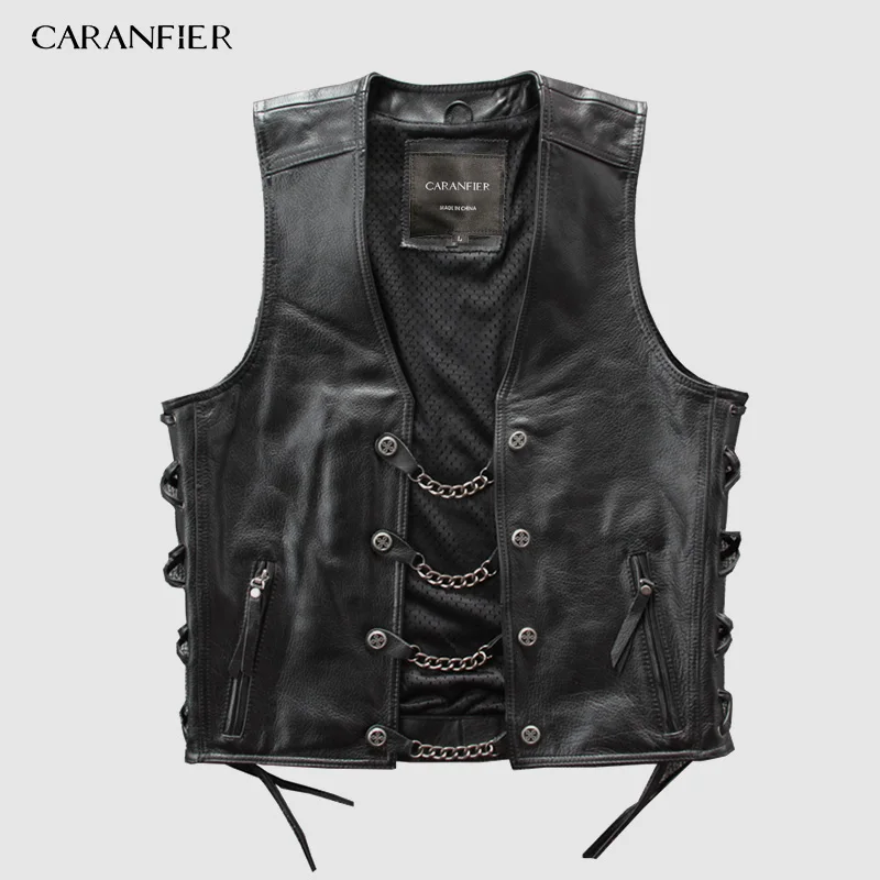 

CARANFIER Mens Genuine Leather Rock Vests Metal Chain Biker Vest Motorcycle Sleeveless Real Leather Jackets DHL Free Shipping