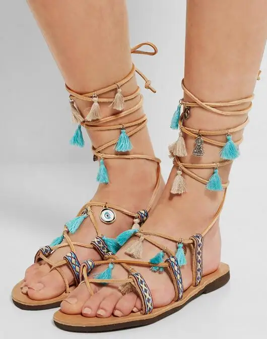 fringe lace up flat sandals